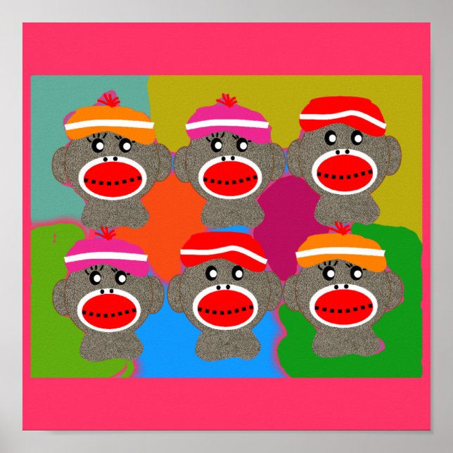 Póster Poster de mono de media sock—Popart—6 monos (Frente)