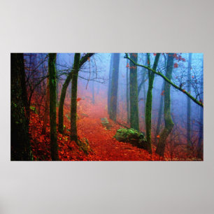 Póster Poster de niebla azul pintado en otoño del bosque
