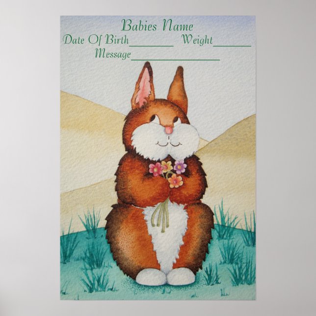 Póster poster de nombre de recién nacido con lindo coneji (Frente)