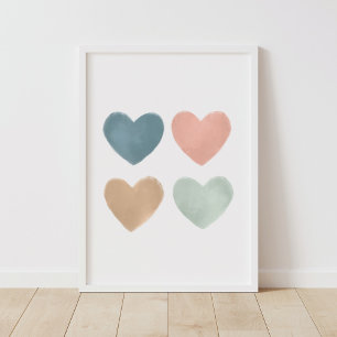 Póster Poster de Nursery Pastel Watercolor Corazones