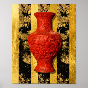 Póster Poster de oro negro de la vase roja china