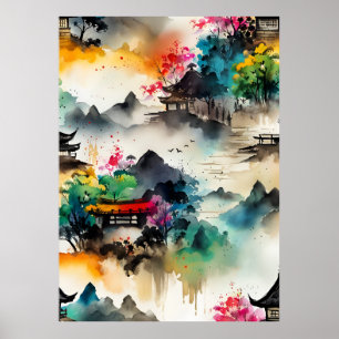Póster POSTER de paisajes de dibujo de tinta de IA