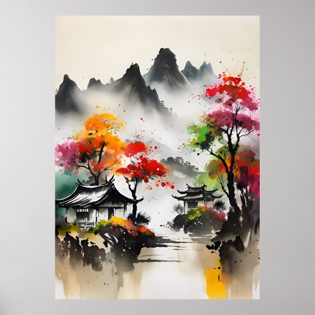 Póster POSTER de paisajes de dibujo de tinta de IA (Frente)