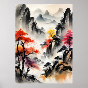 Póster POSTER de paisajes de dibujo de tinta de IA