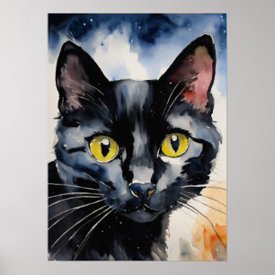 Póster Poster de pared de color de agua para gato negro