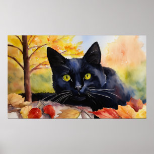 Póster Poster de pared de color de agua para gato negro