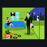 Póster Poster de parejas urbanas retro<br><div class="desc">Este Poster de parejas de Personalizados urbanos retro cuenta con el dibujo personalizado de un apartamento de un ático decorado con elegancia, con vistas a un horizonte urbano. El apartamento cuenta con un suelo verde y una pared de ladrillo verde. En la pared hay cuatro pinturas de tela estiradas clásicas...</div>