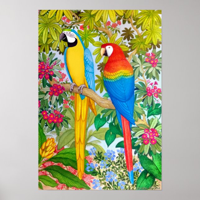 Póster Poster de ParroTES de Macao Tropical de Acuarela (Frente)