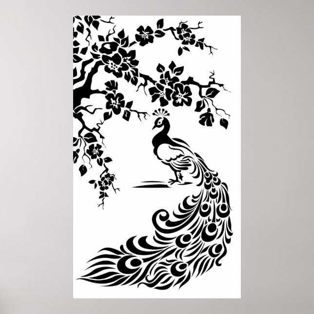 Póster Poster de pavo real blanco negro y flores de cerez (Frente)