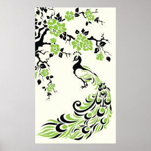 Póster Poster de pavo real verde negro y flores de cerezo