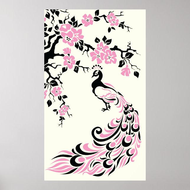 Póster Poster de pavo real y cerezo rosado (Frente)