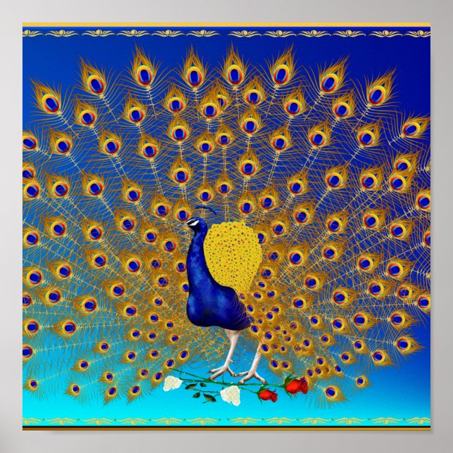 Póster Poster de pavo real y Rosas (Frente)