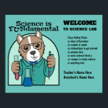Póster Poster de perros de Science Lab<br><div class="desc">Pausa por un momento de ciencia. Científico de perros educados con gafas de seguridad con micropipeta,  vaso de agua y tubo de ensayo en la clase de ciencias de la escuela.</div>