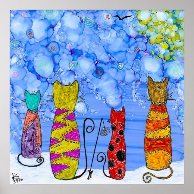 Póster Poster de pesca de gatos divertidos y caprichosos (Frente)