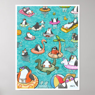 Póster Poster de Pingüinos Fiesta de piscina