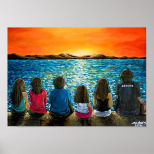 Póster Poster de pintura al atardecer familiar y de playa