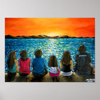 Póster Poster de pintura al atardecer familiar y de playa