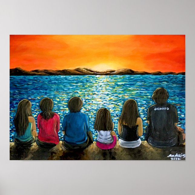 Póster Poster de pintura al atardecer familiar y de playa (Frente)