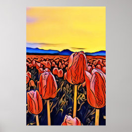 Póster Poster de pintura de tulipanes rojos