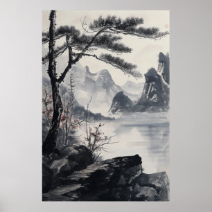 Póster Poster de pintura tradicional de tinta de paisaje 