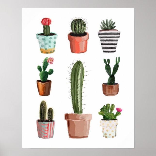 Póster Poster de plantas de cactus de acuarela (Frente)
