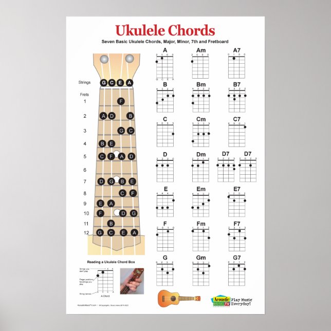 Póster Poster de prácticas de tabla de acordes de Ukulele (Frente)