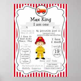 Póster Poster de primer cumpleaños de bombero para un niñ