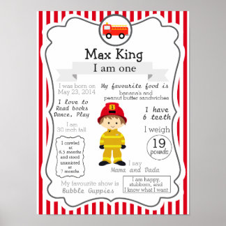 Póster Poster de primer cumpleaños de bombero para un niñ