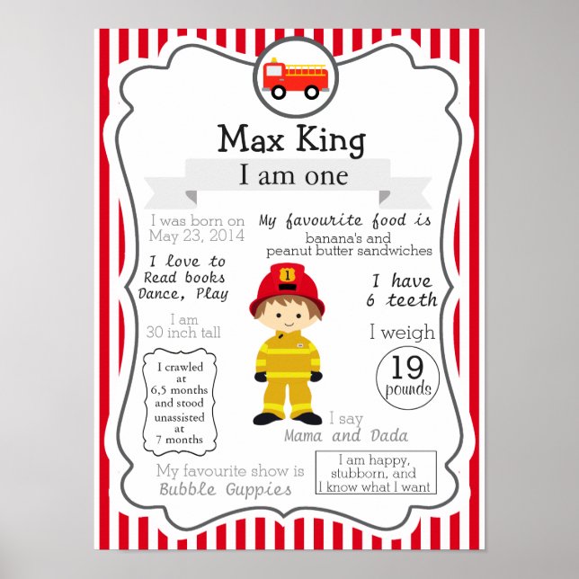 Póster Poster de primer cumpleaños de bombero para un niñ (Frente)