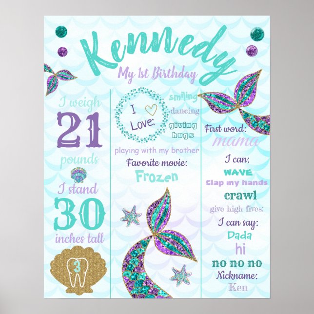 Póster Poster de primer cumpleaños de Sirena, Rótulo de h (Frente)