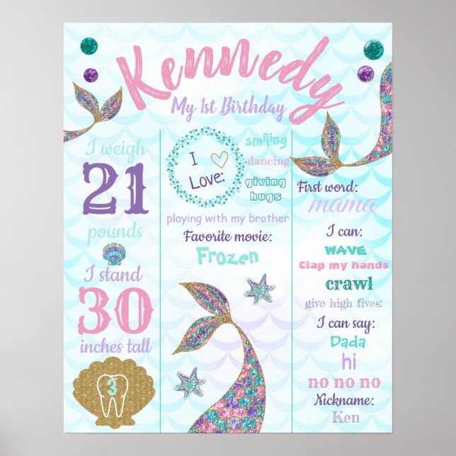 Póster Poster de primer cumpleaños de Sirena, Rótulo de h (Frente)