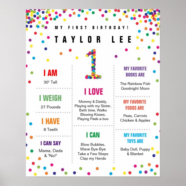 Póster Poster de primer cumpleaños Rainbow Confetti (Frente)