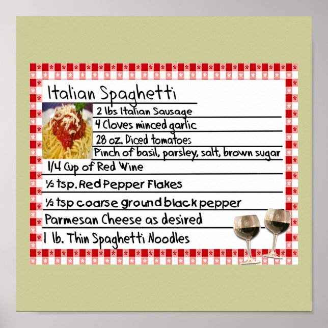 Póster Poster de recetas de espagueti italiano (Frente)