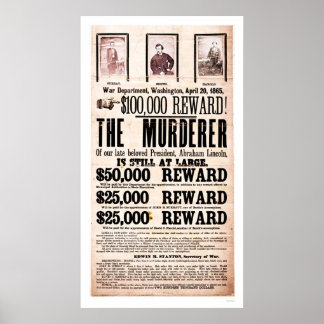 Póster Poster de recompensa por el asesinato de Lincoln e