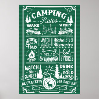 Póster Poster de reglas de camping blanco verde