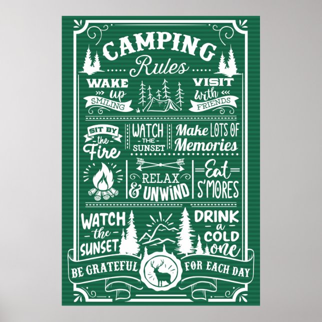 Póster Poster de reglas de camping blanco verde (Frente)