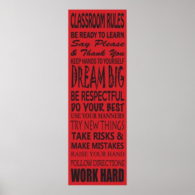 Póster Poster de reglas del aula (rojo), 12" x 36" (Frente)