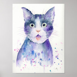 Póster Poster de retrato de gato sorprendido por acuarela