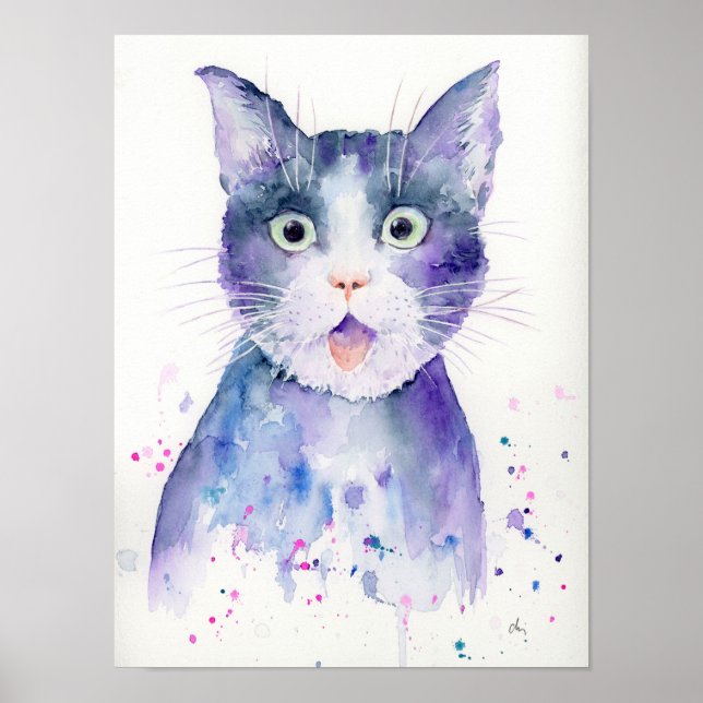 Póster Poster de retrato de gato sorprendido por acuarela (Frente)