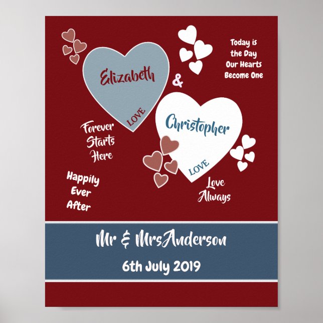Póster Poster de Rótulo de Boda azul y rojo profundo (Frente)