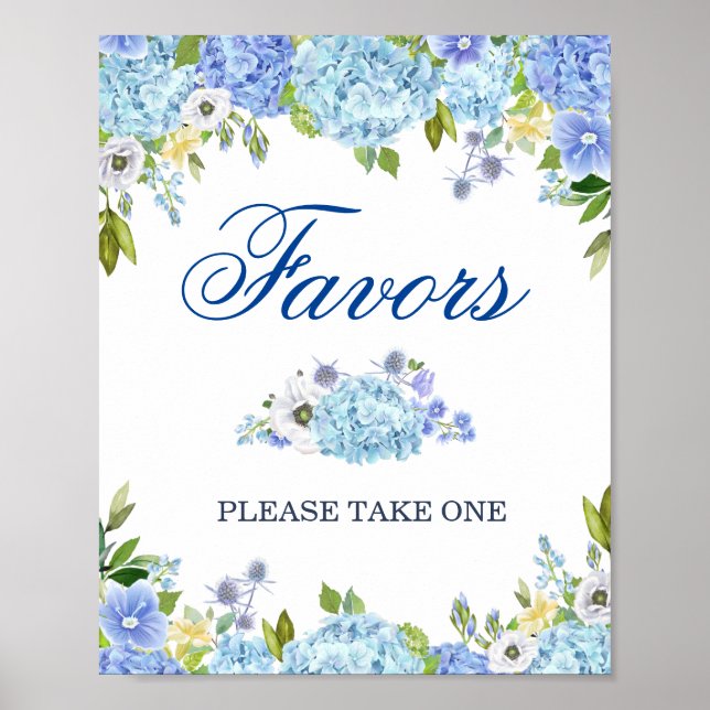 Póster Poster de Rótulo de la boda floral Blue Hydrangea (Frente)