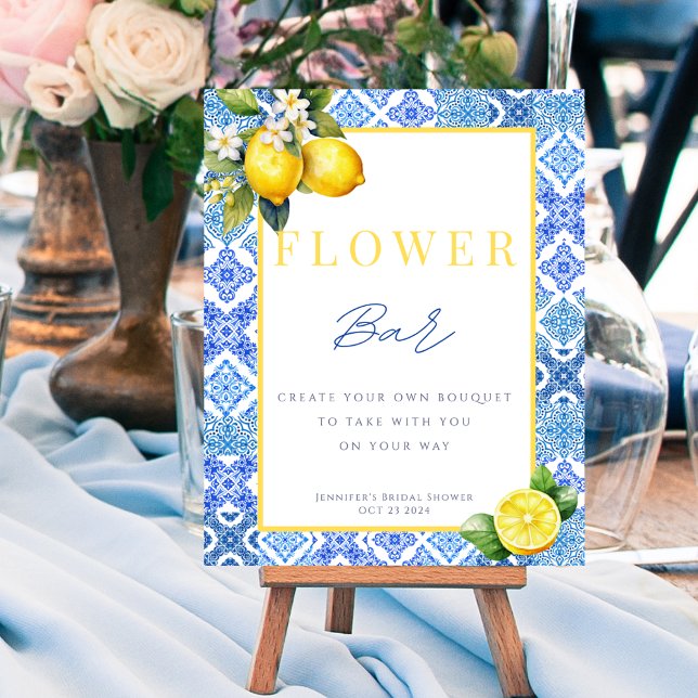 Póster Poster de Rótulo del bar de flores de limón italia (Italian Lemon Bridal Shower Flower Bar Sign Poster)