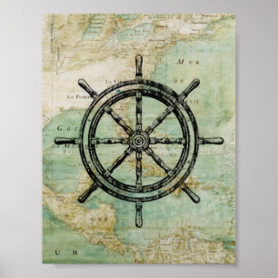 Póster Poster de ruedas y mapas de buques náuticos antigu
