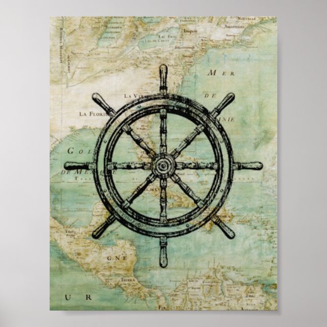 Póster Poster de ruedas y mapas de buques náuticos antigu (Frente)