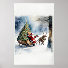 Póster Poster de Santa Sleigh del Árbol de Navidad retro