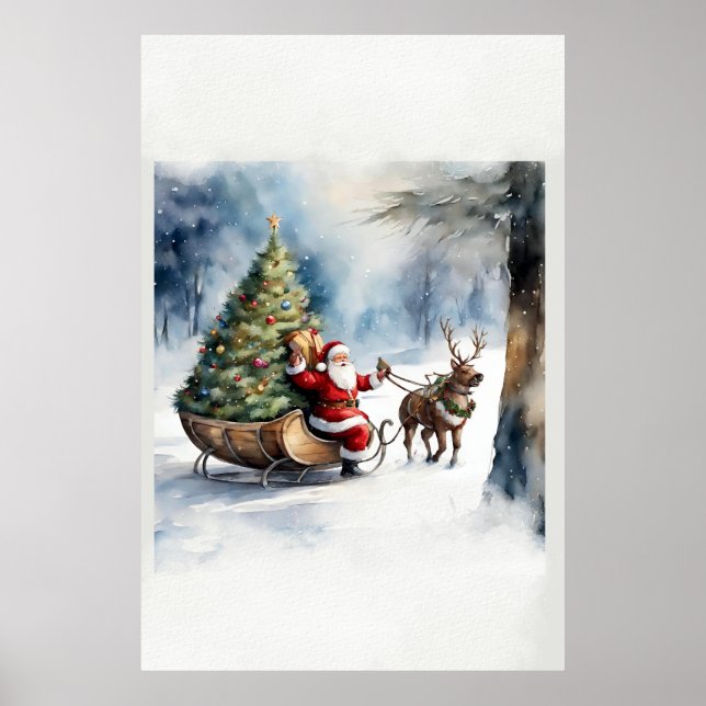 Póster Poster de Santa Sleigh del Árbol de Navidad retro  (Frente)