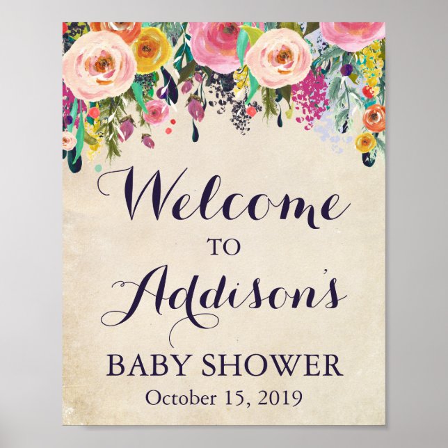 Póster Poster de signo de bienvenida de Baby Shower de fl (Frente)