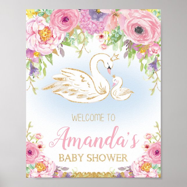 Póster Poster de signo de bienvenida de Baby Shower Swan (Frente)