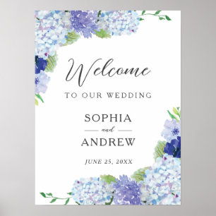 Póster Poster de signo de bienvenida de Boda de hidrangea