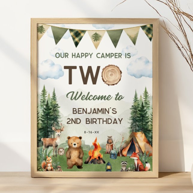Póster Poster de signo de bienvenida feliz de segundo cum (Happy Camper 2nd Birthday Welcome Sign Poster
)